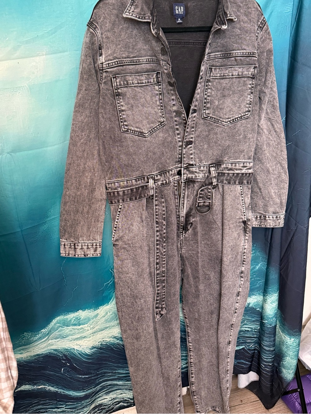GAP Acid-Wash Gray Denim Boot-Cut Jumpsuit with Belt